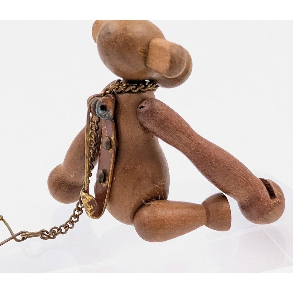 Vintage Zoo Line Japan Monkey Brooch Built in Pin-Chain Wooden‎ Articulated MCM